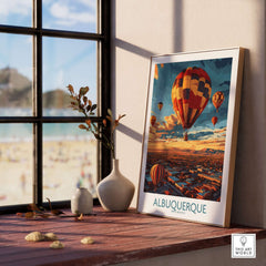 Albuquerque Poster showcasing hot air balloons and stunning scenery, perfect for home or office decor.
