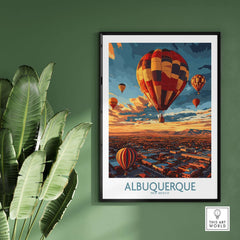 Albuquerque Poster featuring vibrant hot air balloons in New Mexico's picturesque skies.