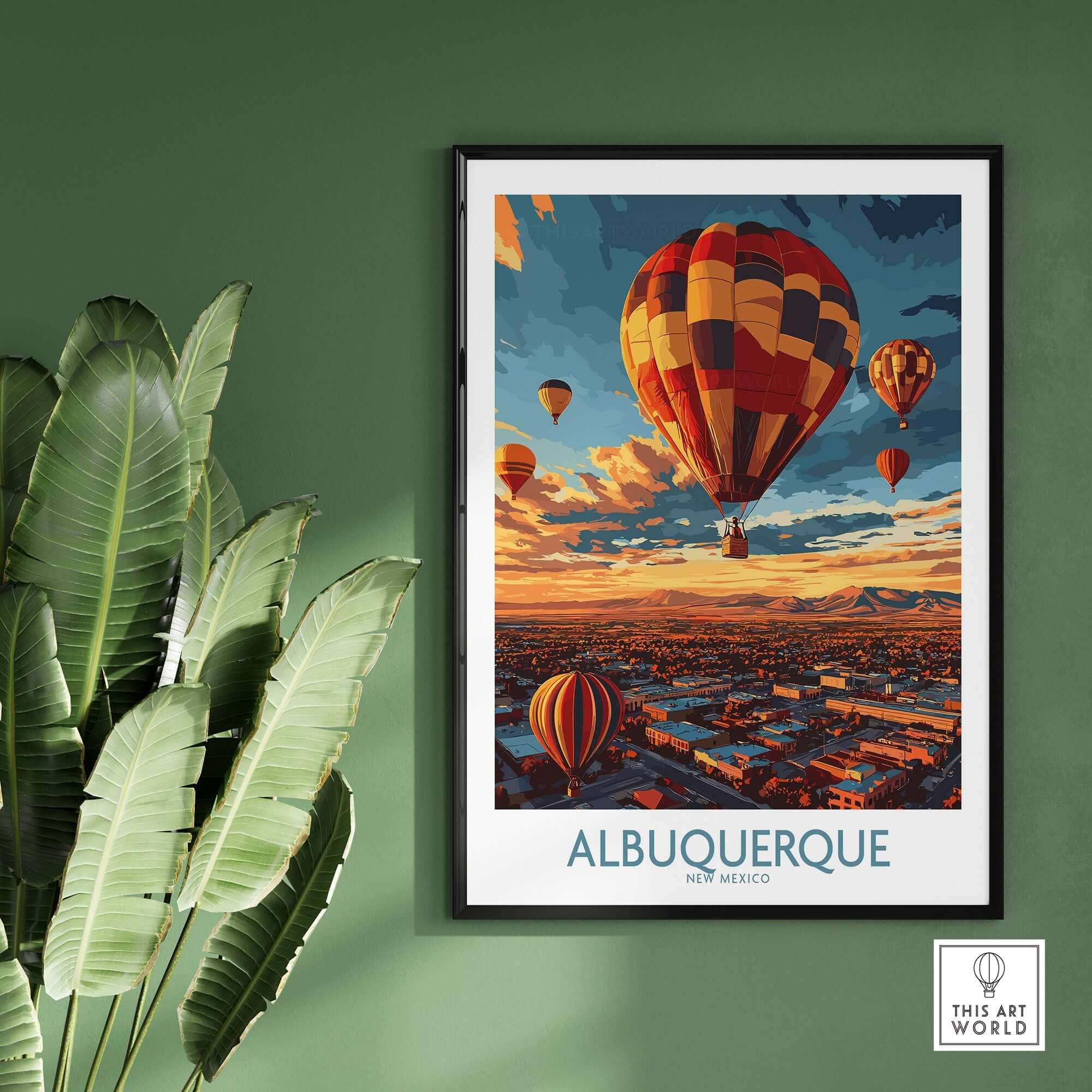 Albuquerque Poster featuring vibrant hot air balloons in New Mexico's picturesque skies.