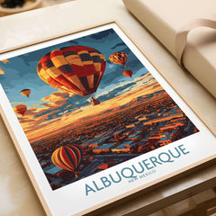 Albuquerque Poster featuring colorful hot air balloons over picturesque New Mexico skies.