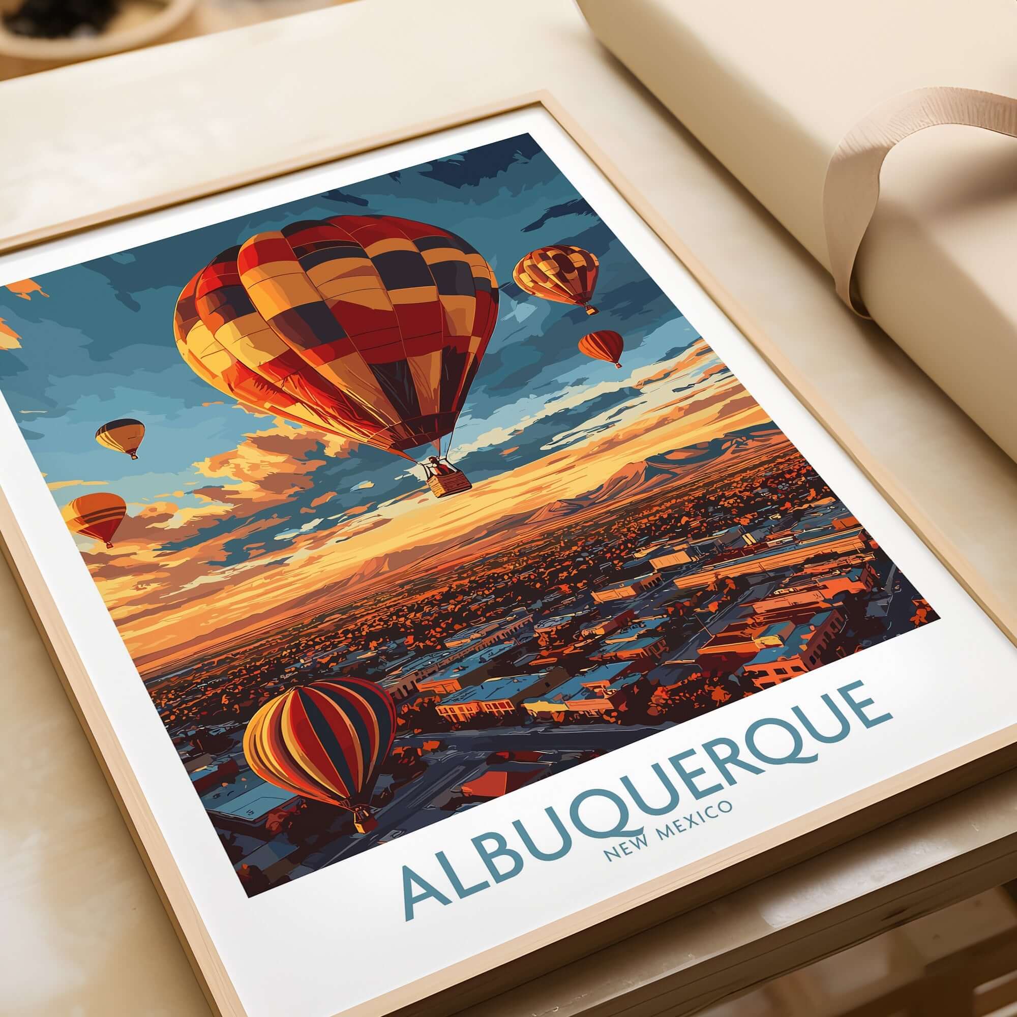 Albuquerque Poster featuring colorful hot air balloons over picturesque New Mexico skies.