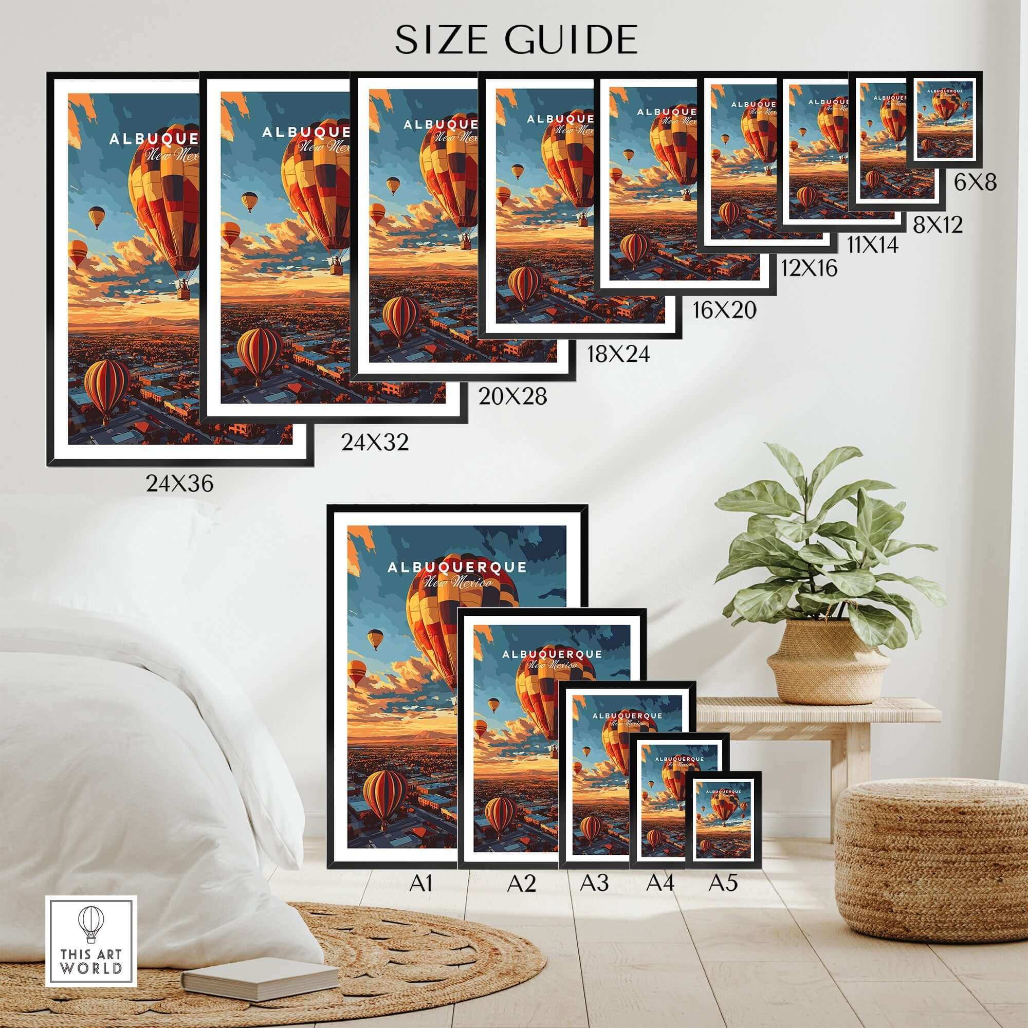 Albuquerque Print size guide showcasing various dimensions and stylish display options for art lovers.