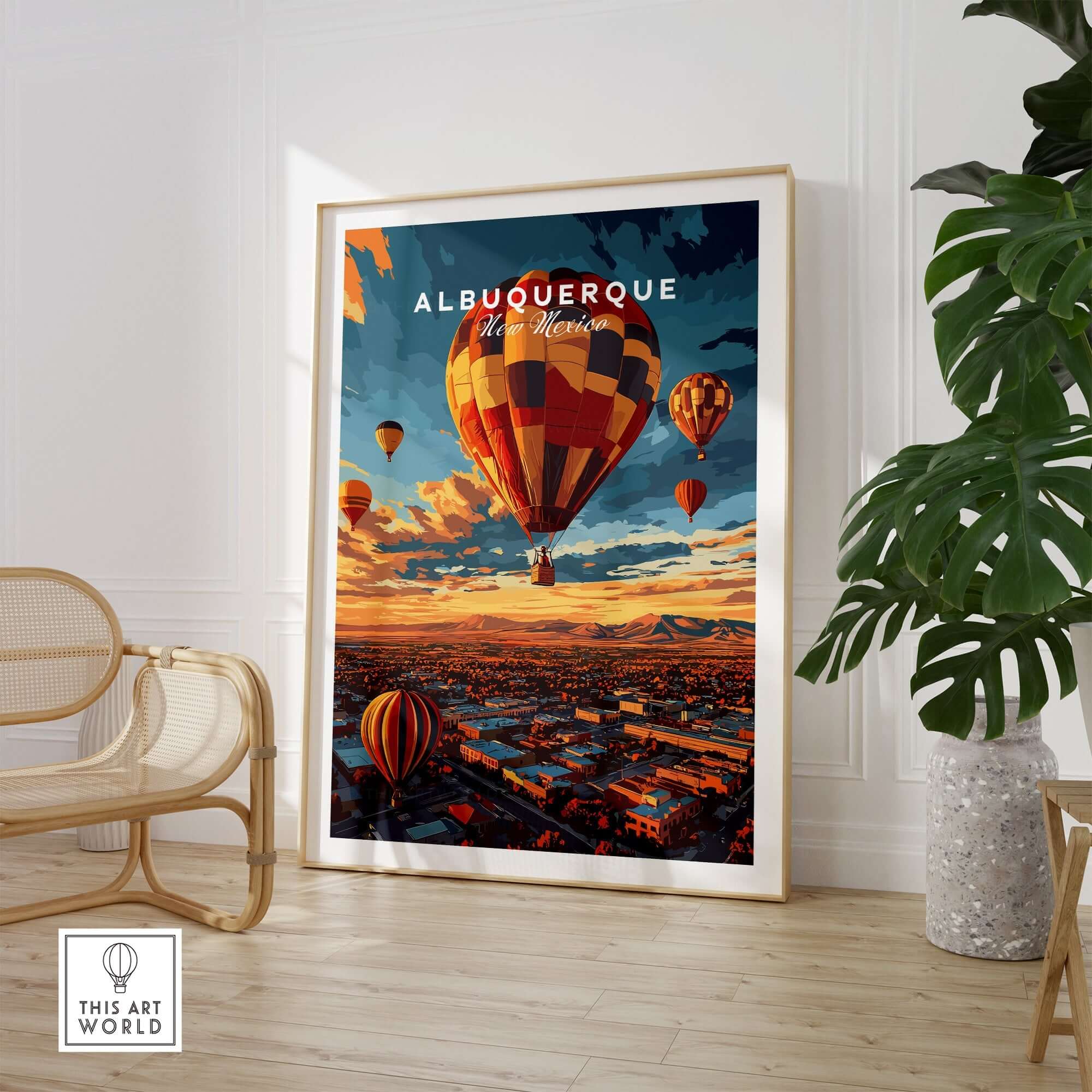 Albuquerque Print featuring colorful hot air balloons against a vibrant sunset, ideal for art lovers.
