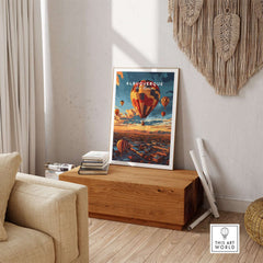 Albuquerque Print showcasing a vibrant hot air balloon scene in a stylish living room setting.