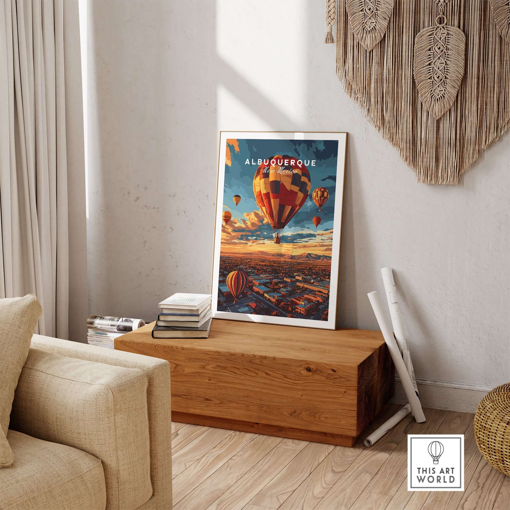 Albuquerque Print showcasing a vibrant hot air balloon scene in a stylish living room setting.