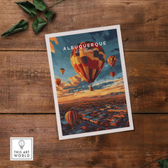 Albuquerque Print featuring a vibrant hot air balloon against a sunset backdrop.