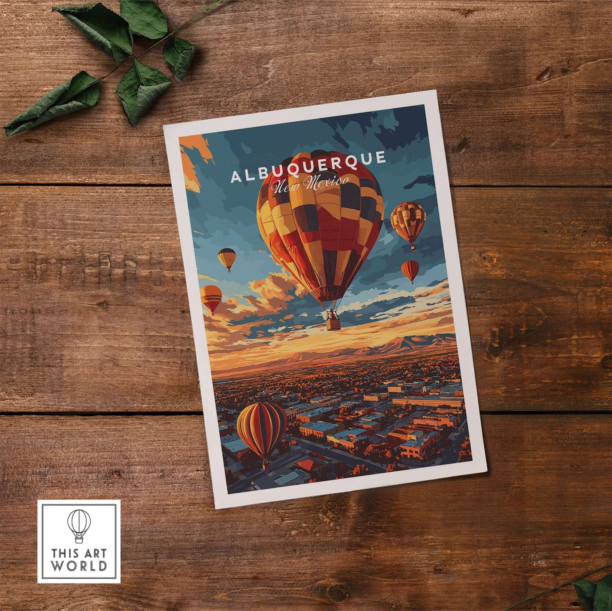 Albuquerque Print featuring a vibrant hot air balloon against a sunset backdrop.