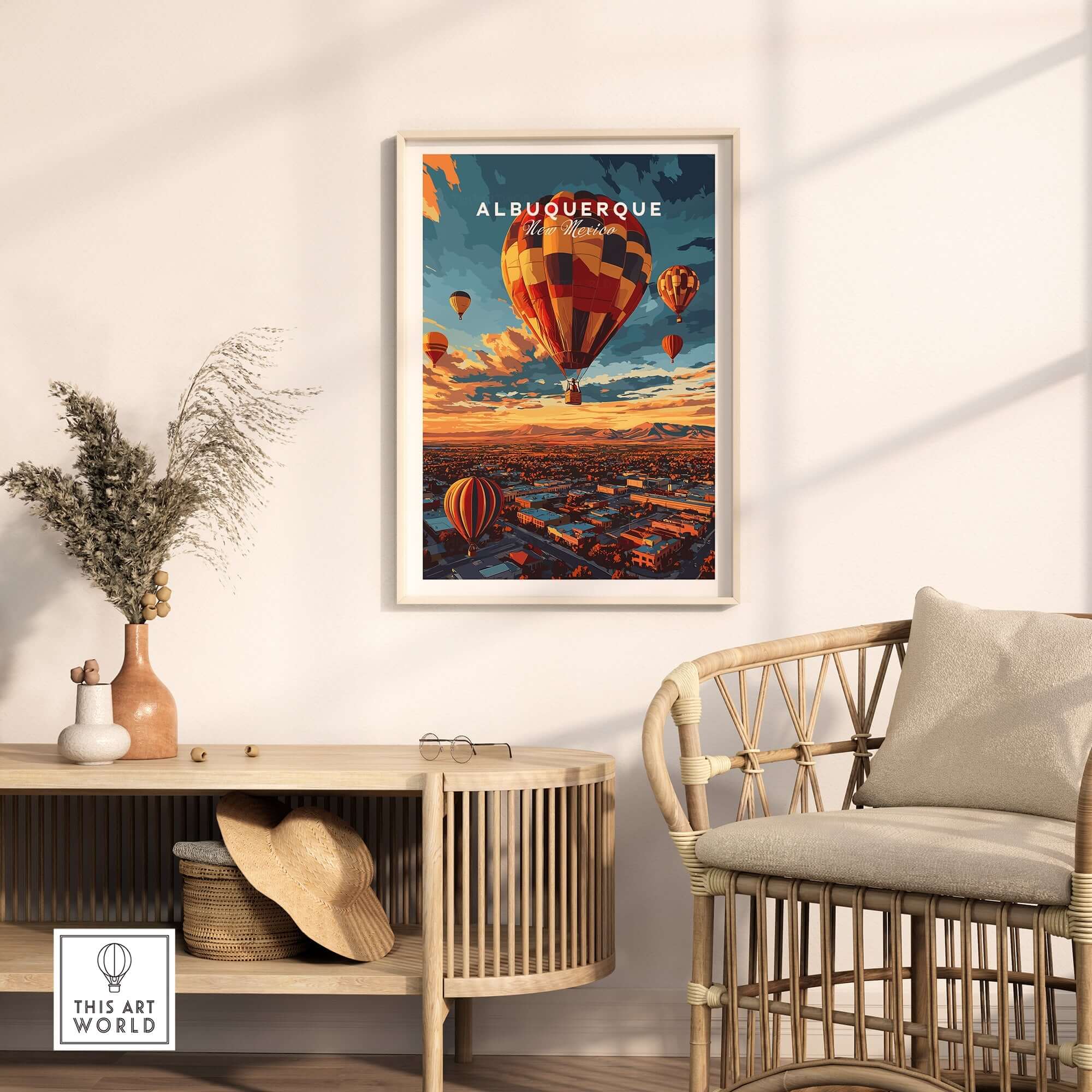 Albuquerque Print featuring a vibrant hot air balloon over the city, perfect for art lovers.