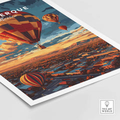 Albuquerque Print featuring colorful hot air balloons soaring over the city at sunset.
