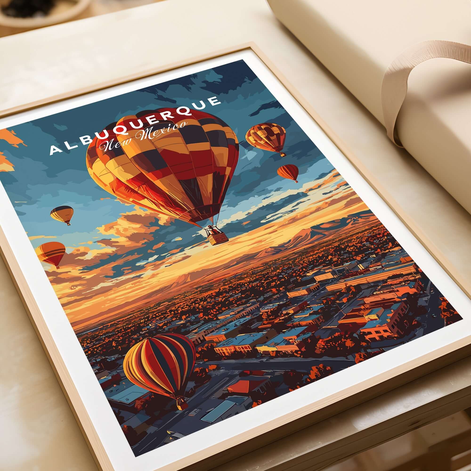 Albuquerque Print featuring colorful hot air balloons over the city skyline at sunset.