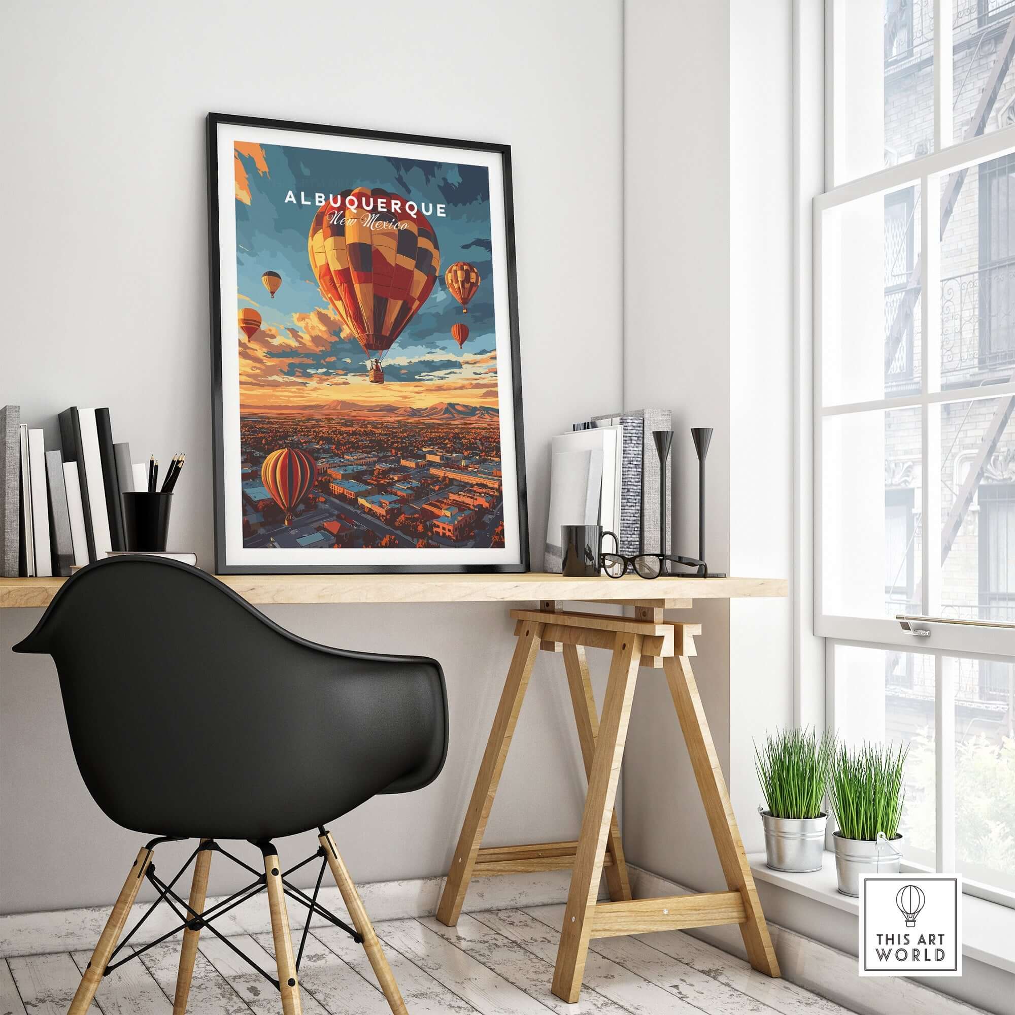 Albuquerque Print showcasing a vibrant hot air balloon in a stylish office setting. Perfect for art lovers.