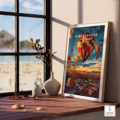Albuquerque Print showcasing a vibrant hot air balloon over a scenic view, perfect for art lovers.