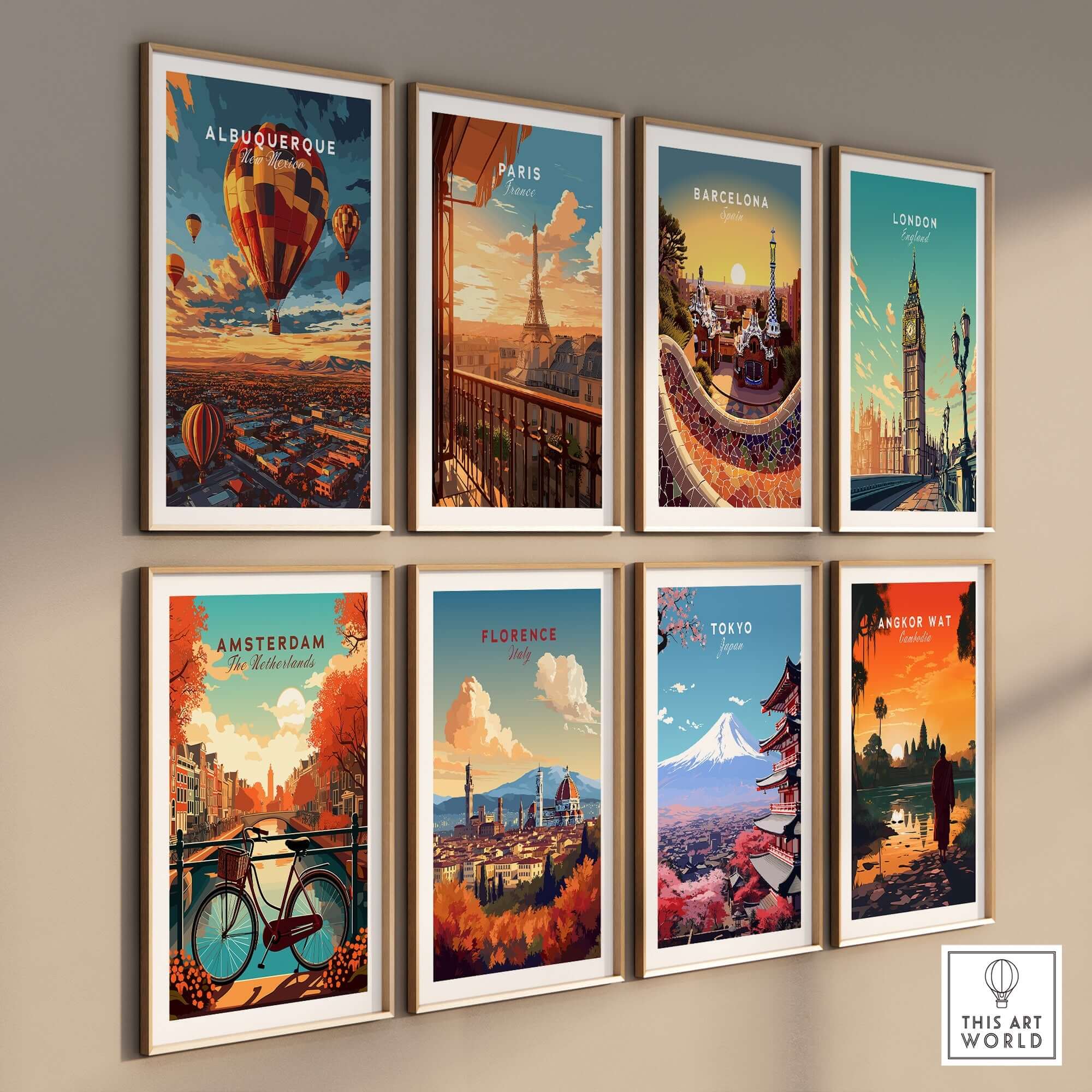 Albuquerque Print surrounded by other city prints showcasing vibrant art styles and colorful designs.