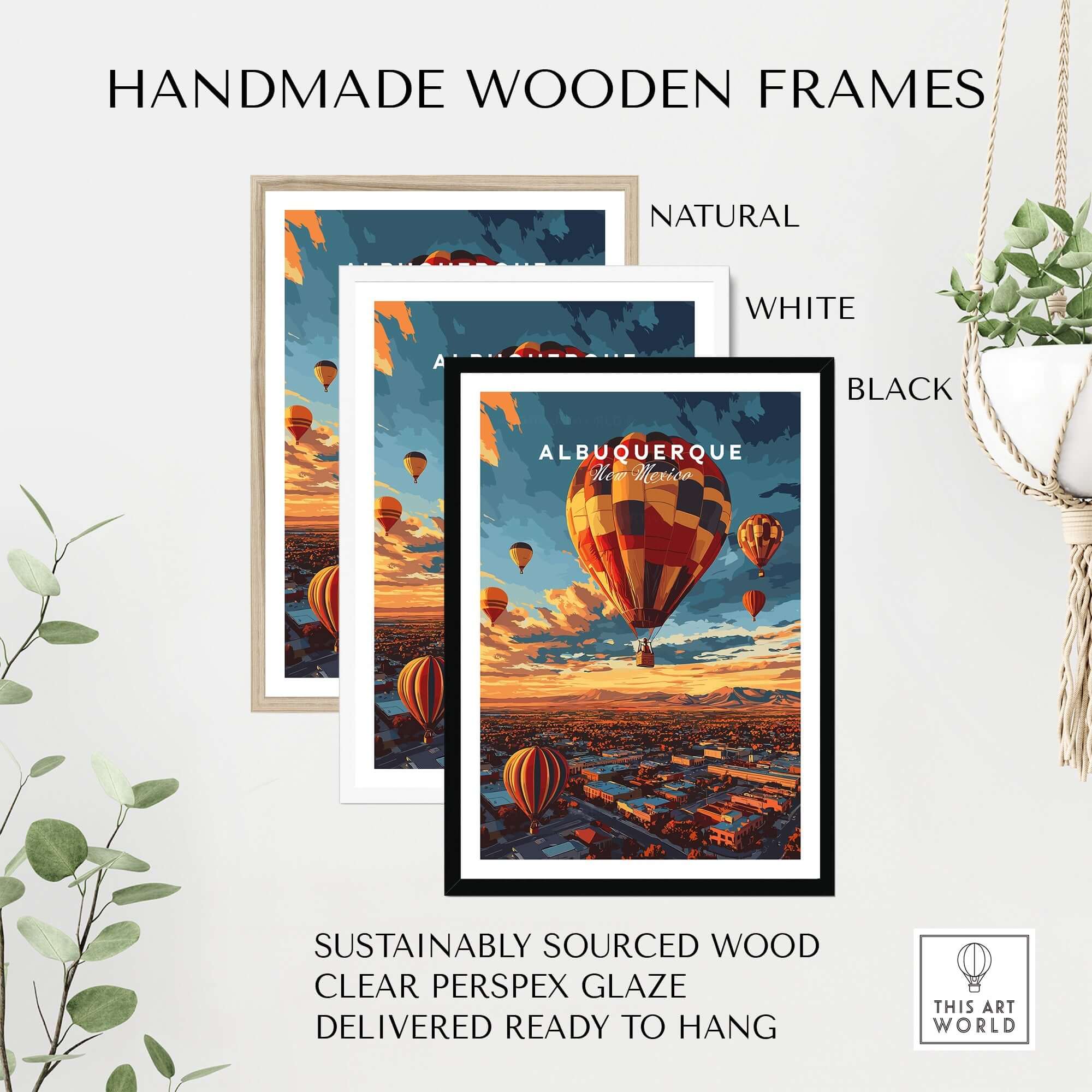 Albuquerque Print framed in natural, white, and black handmade wooden frames ready to hang.