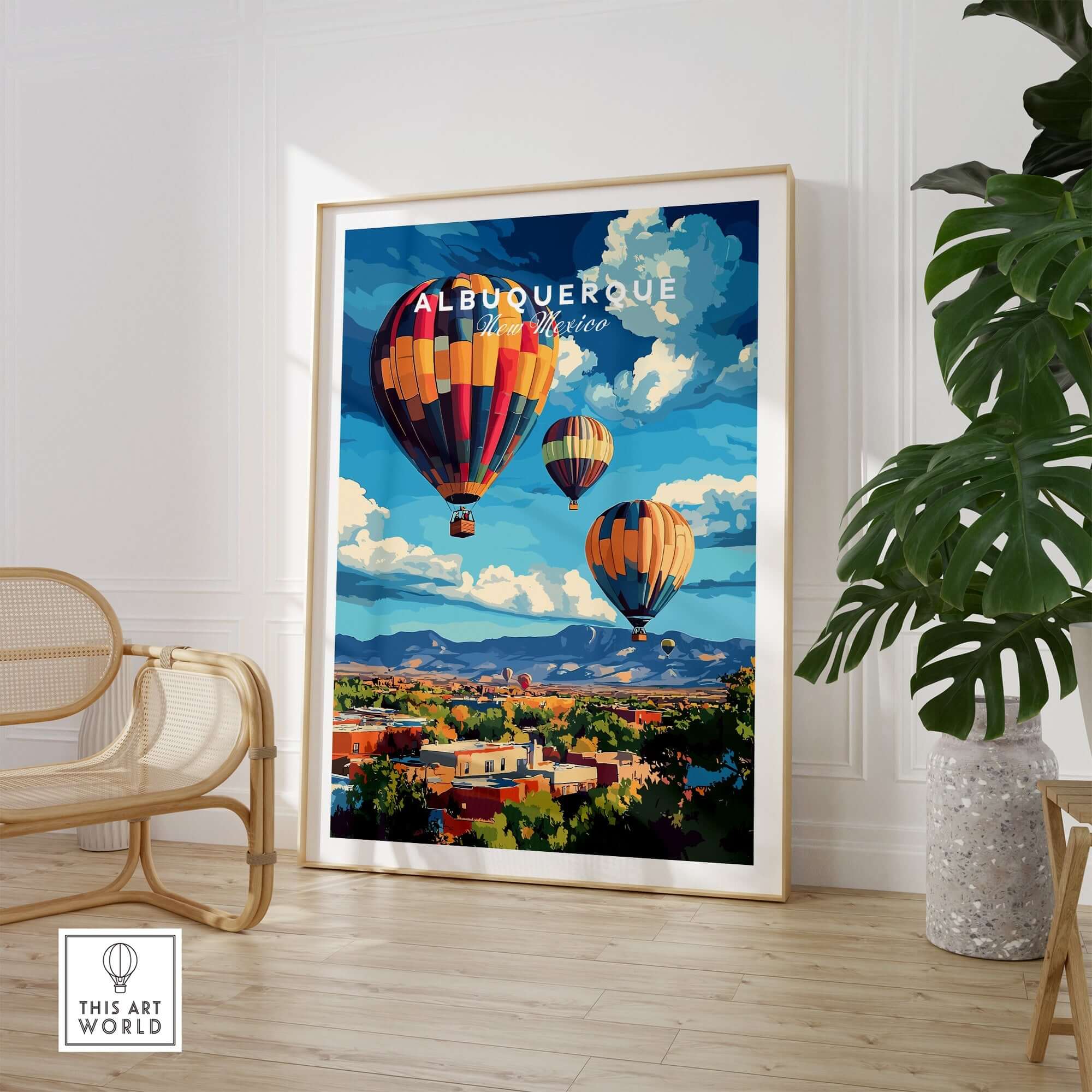 Albuquerque Print New Mexico showcasing hot air balloons and stunning landscapes in vibrant colors.