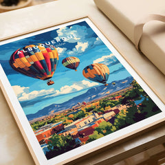 Albuquerque Print New Mexico featuring colorful hot air balloons and vibrant landscapes in a framed art print.