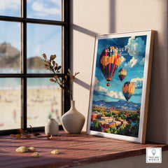Albuquerque Print New Mexico featuring colorful hot air balloons and landscapes near a window.