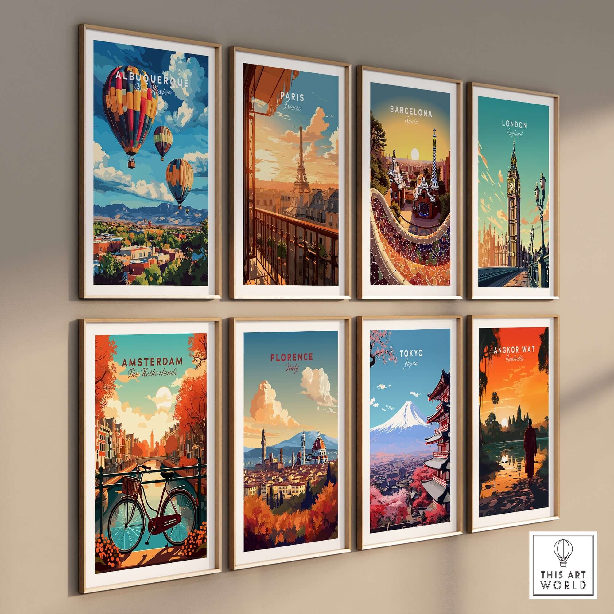 Albuquerque Print New Mexico featuring vibrant landscapes and balloons among international city prints.