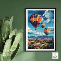 Albuquerque Print New Mexico showcasing vibrant hot air balloons over scenic landscapes