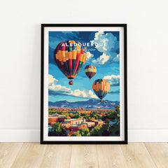 Albuquerque Print New Mexico featuring colorful hot air balloons over scenic landscapes.