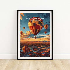 Albuquerque Print featuring colorful hot air balloons and a stunning sunset over the city.