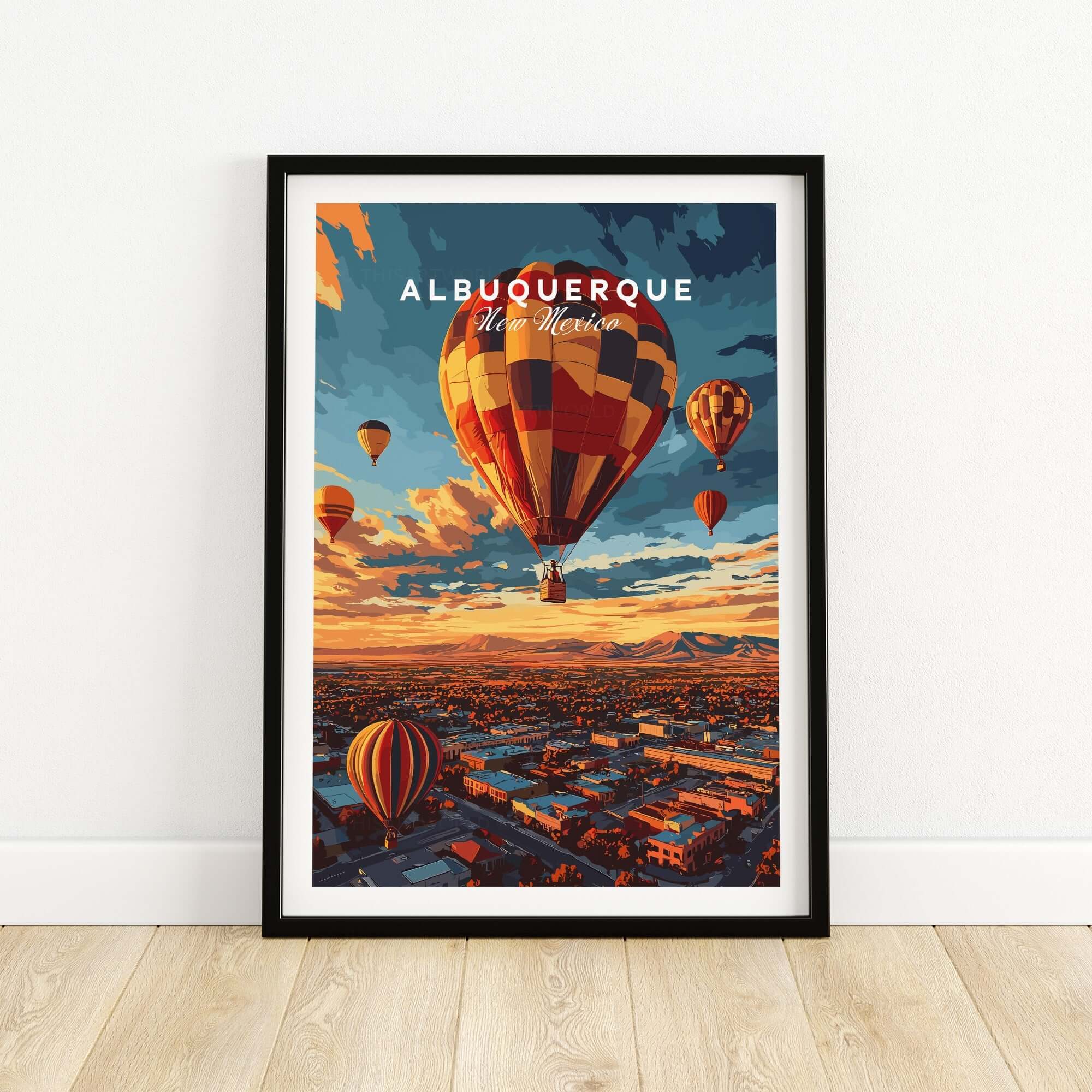 Albuquerque Print featuring colorful hot air balloons and a stunning sunset over the city.