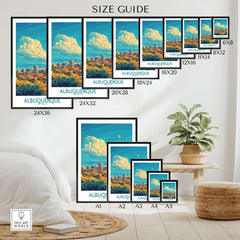 Albuquerque Travel Poster size guide showcasing various frame sizes and artistic design elements.
