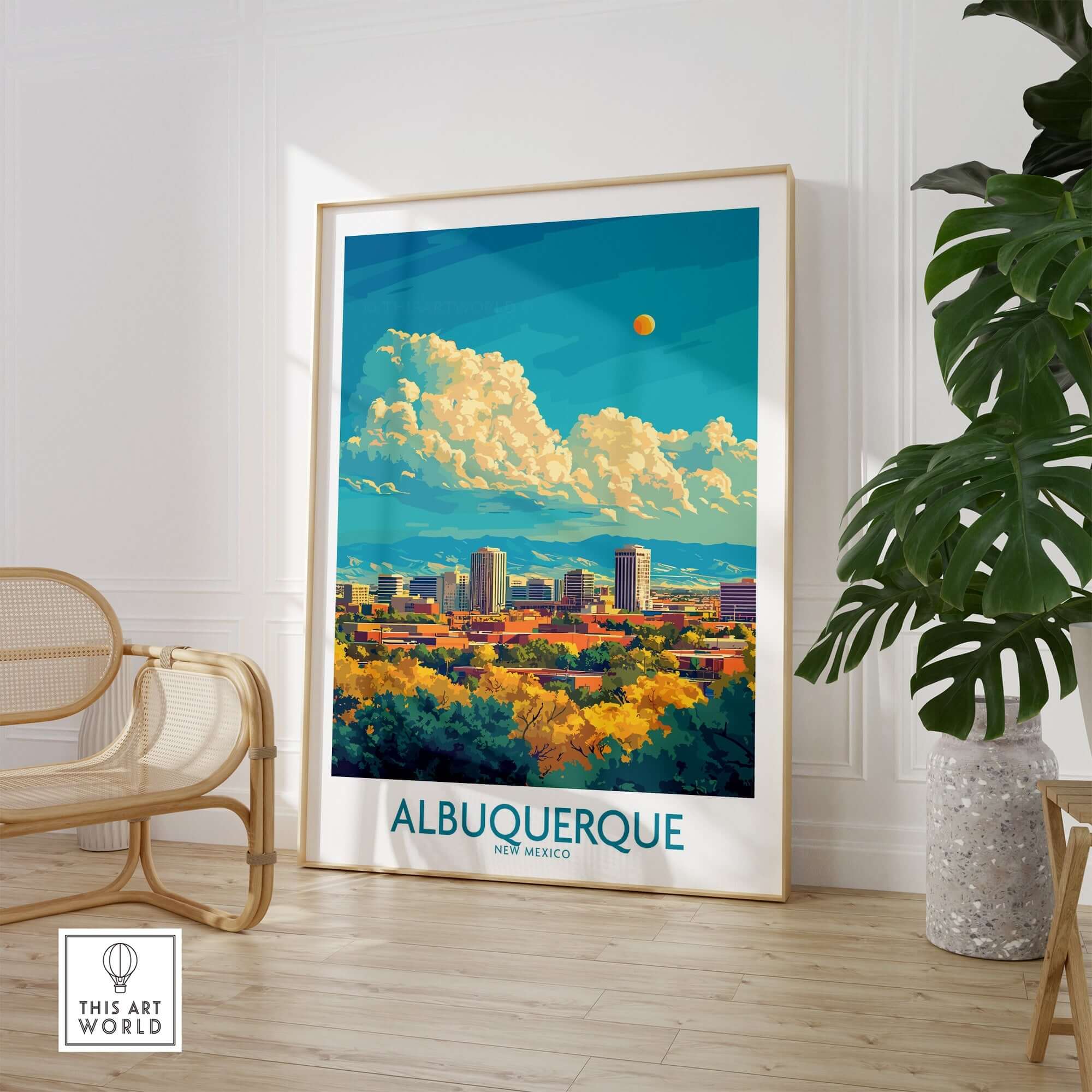 Albuquerque Travel Poster showcasing a vibrant view of Albuquerque, New Mexico with stunning colors and design.