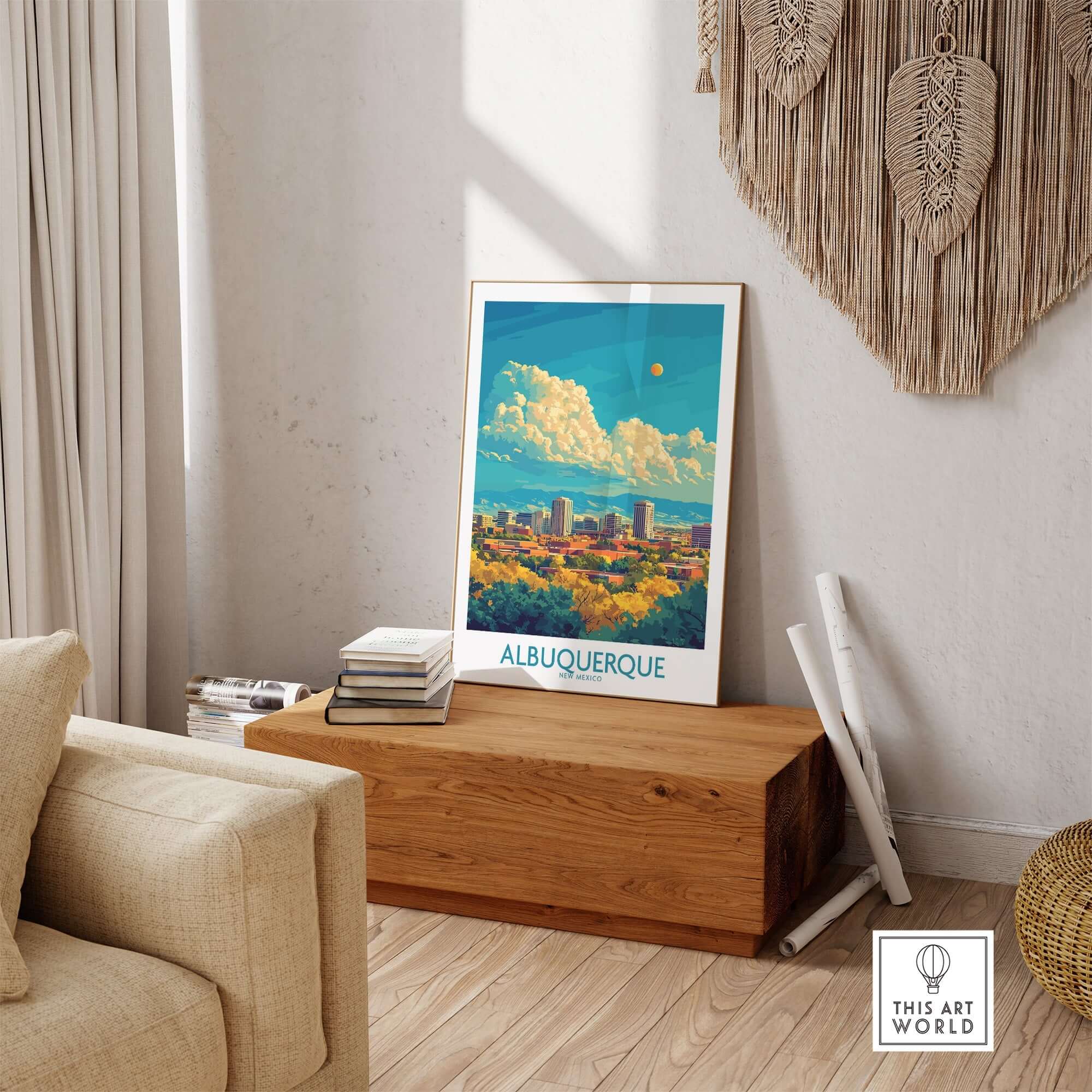 Albuquerque Travel Poster showcasing vibrant cityscape design in a stylish living room setting.