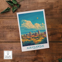 Albuquerque Travel Poster featuring a scenic view of Albuquerque with vibrant colors and artistic design.