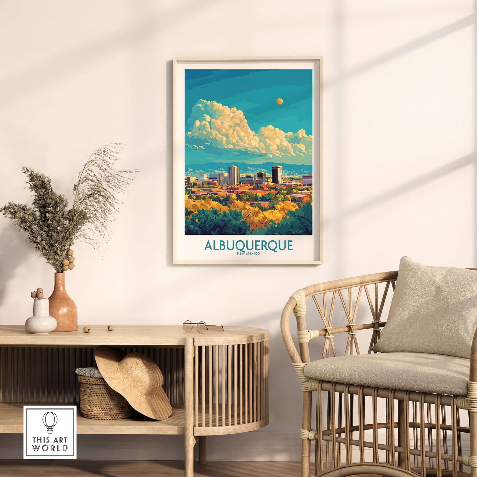 Albuquerque Travel Poster in a stylish interior showcasing vibrant cityscape and artistic design.