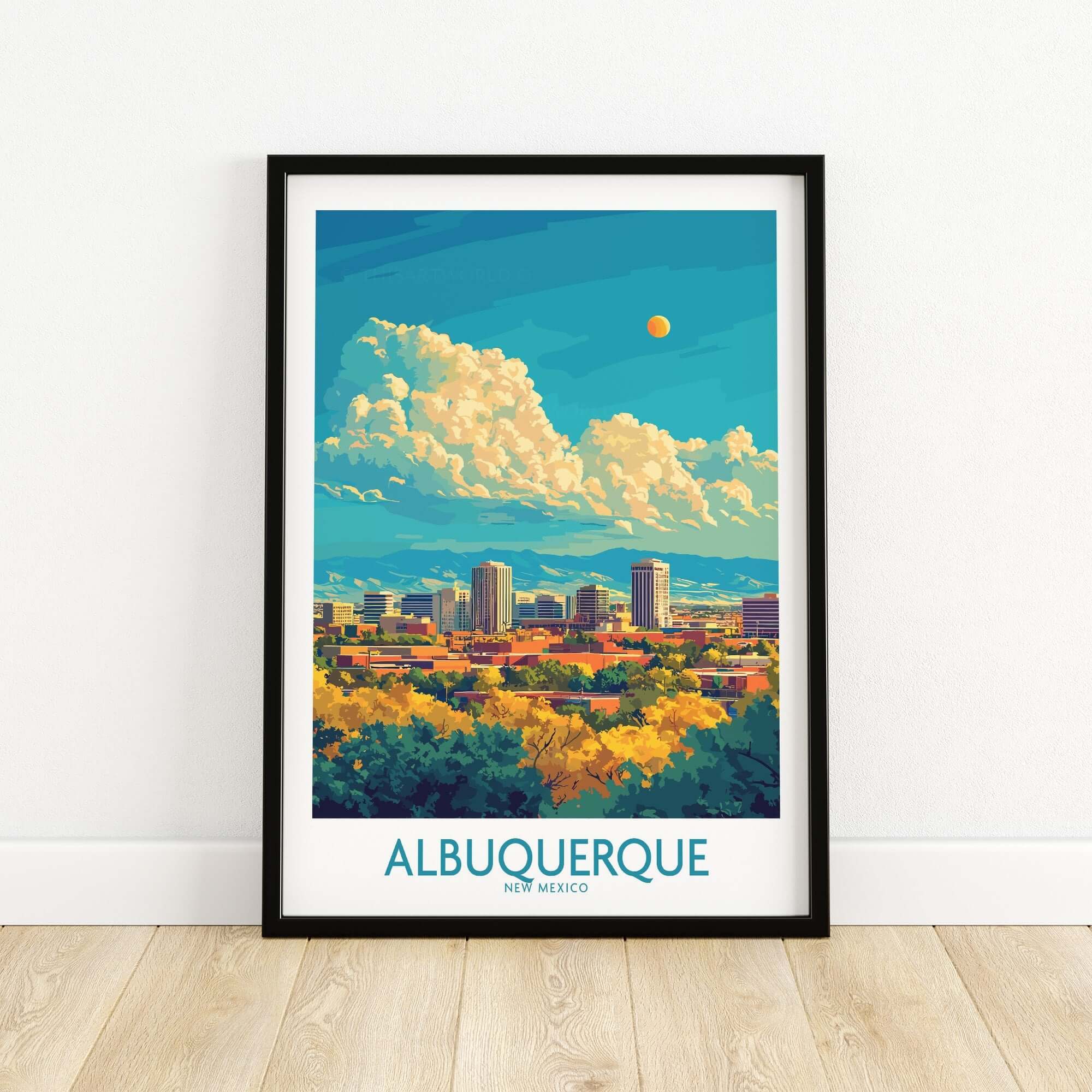 Albuquerque Travel Poster showcasing the vibrant city skyline and scenic landscape of New Mexico.