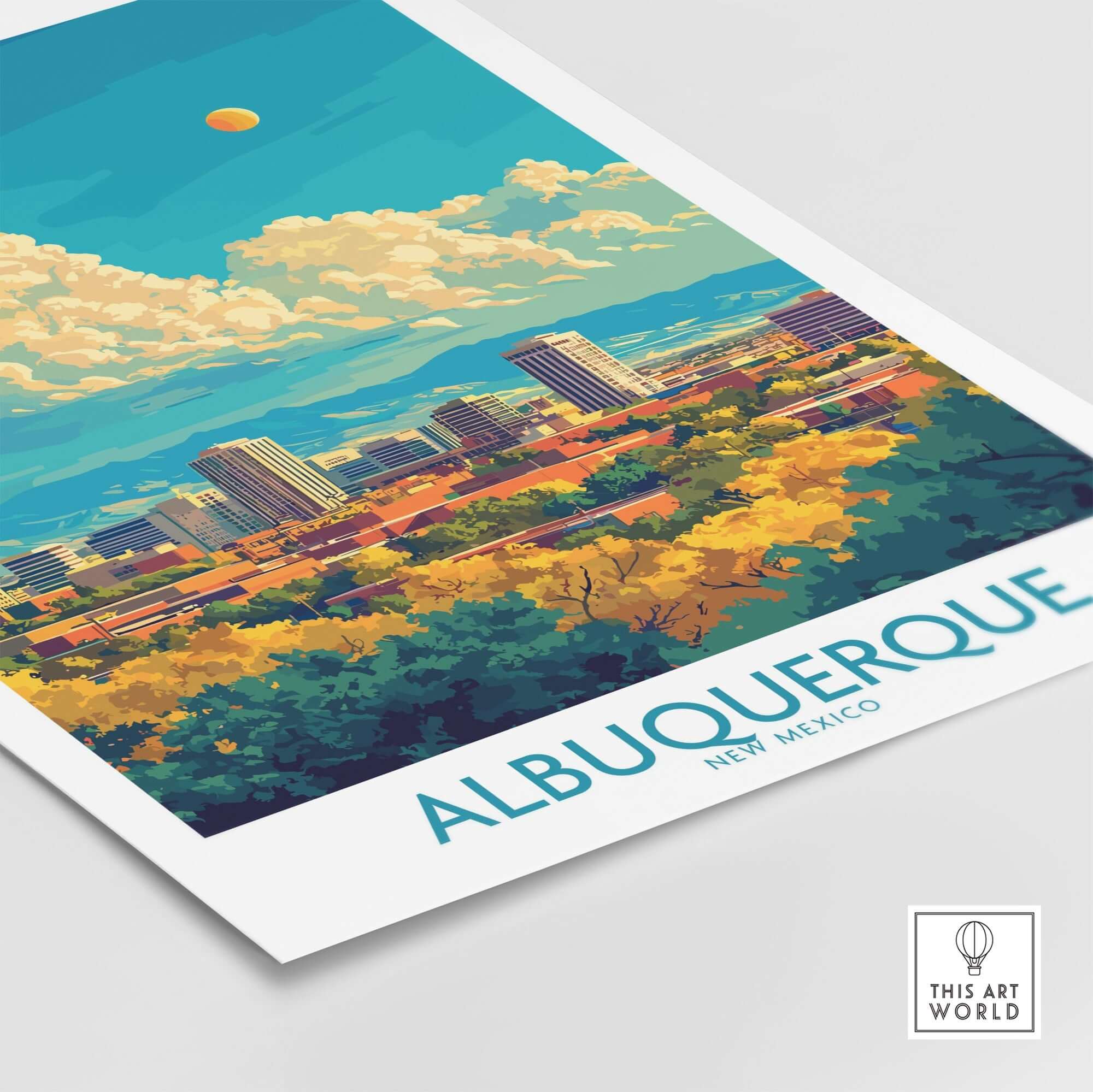 Albuquerque Travel Poster showcasing the vibrant cityscape of Albuquerque, New Mexico with colorful design and stunning imagery.