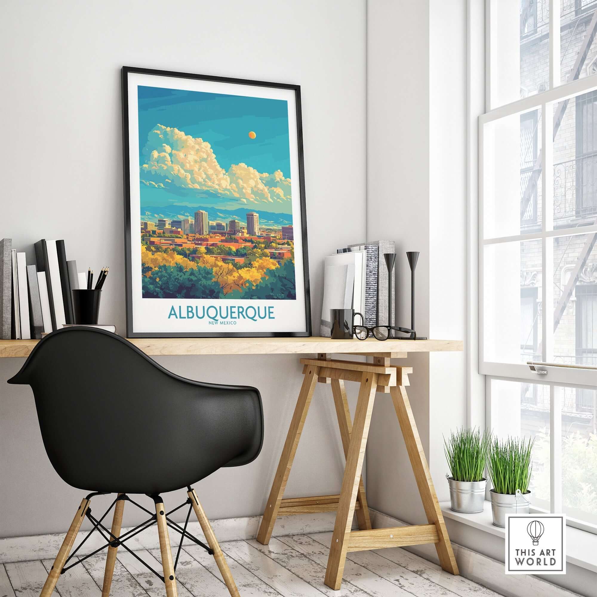 Albuquerque Travel Poster displayed in a stylish workspace, showcasing the vibrant cityscape of Albuquerque.