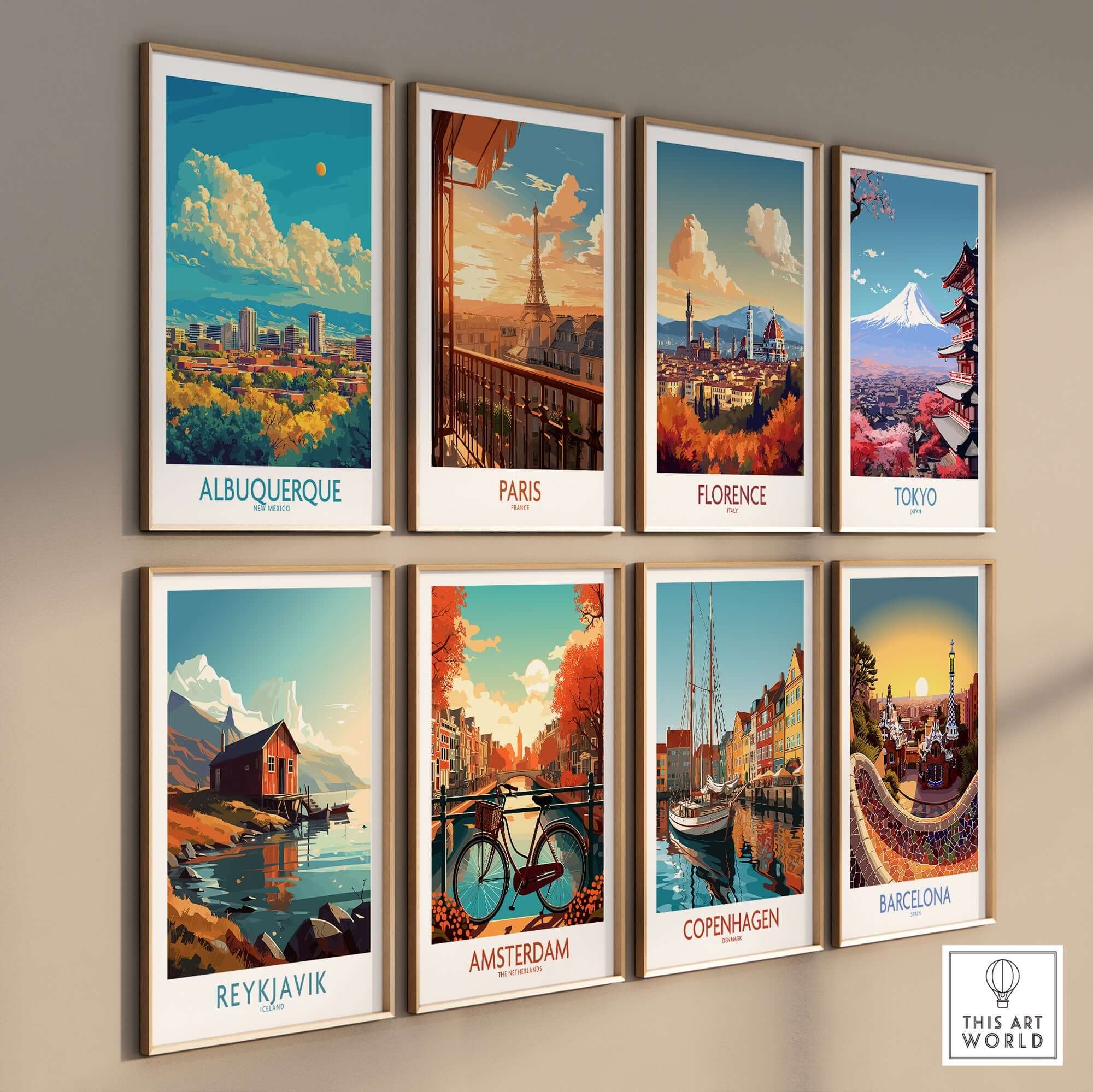 Albuquerque Travel Poster and other city travel posters displayed on a wall, showcasing vibrant designs.