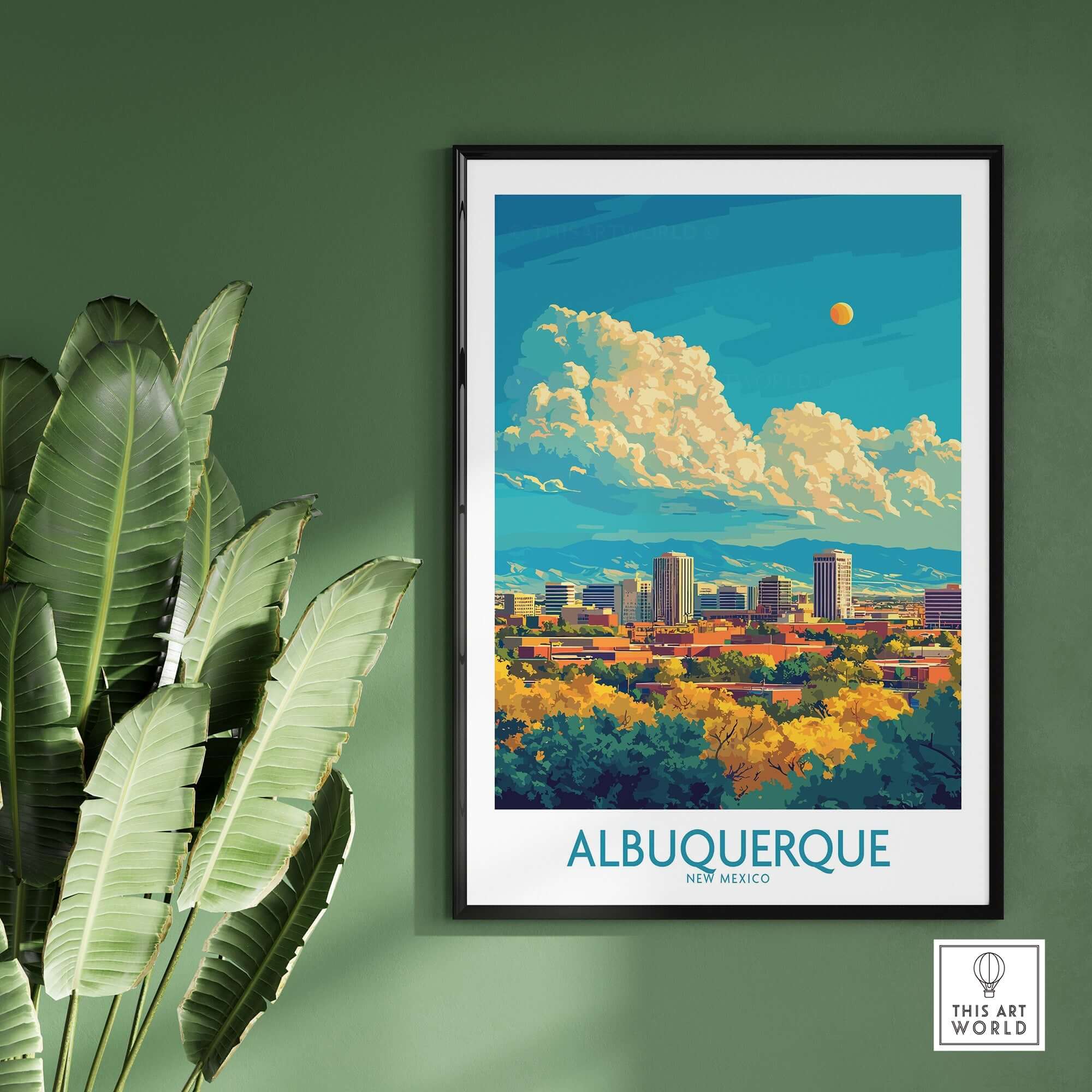 Albuquerque Travel Poster showcasing a vibrant cityscape of Albuquerque, New Mexico with stunning design and colors.