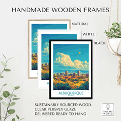 Handmade wooden frames in natural, white, and black; featuring the Albuquerque Travel Poster design.