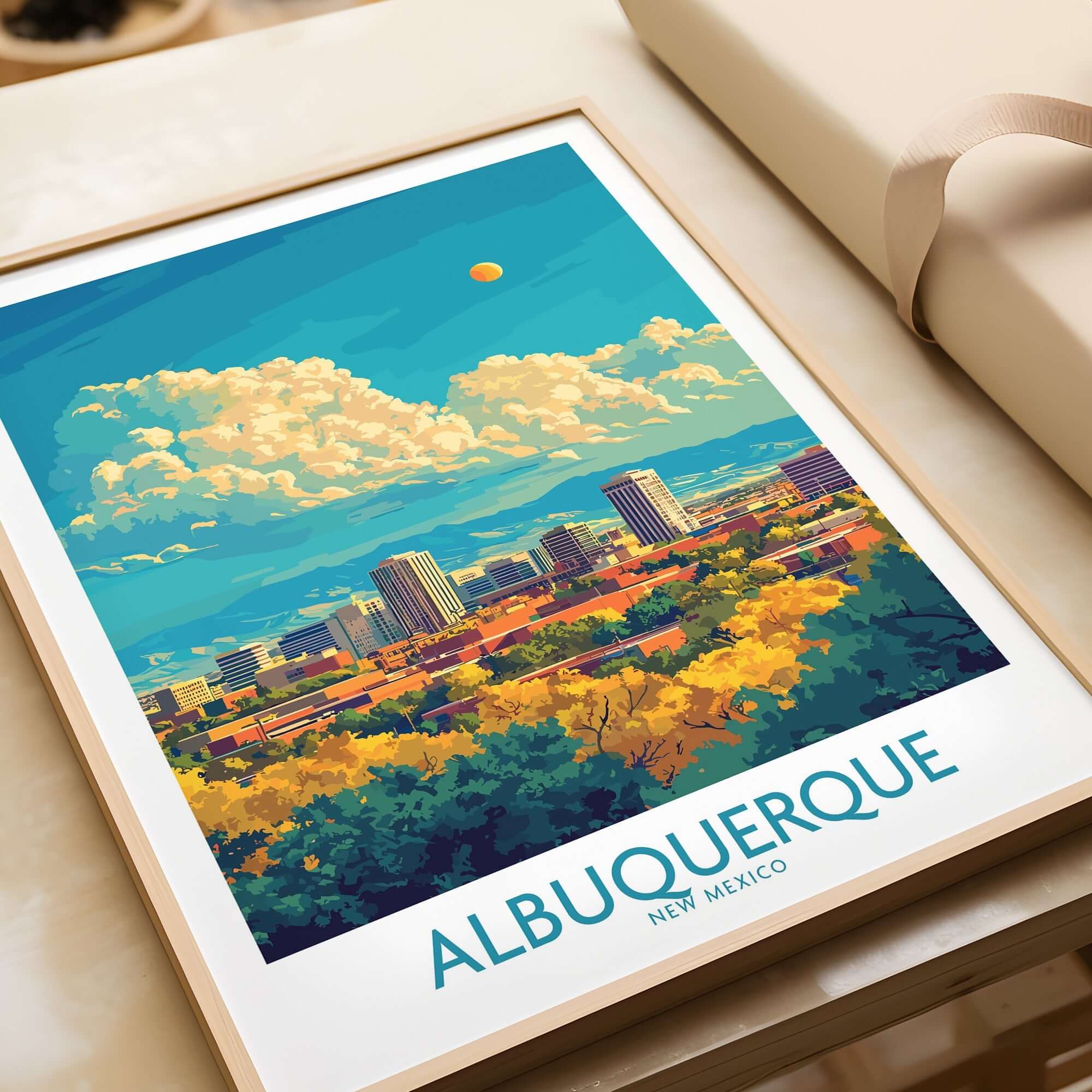 Albuquerque Travel Poster showcasing the vibrant skyline and colorful landscape of Albuquerque, New Mexico.