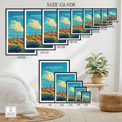 Albuquerque Travel Print size guide showcasing various frame sizes for the Albuquerque Travel Print.