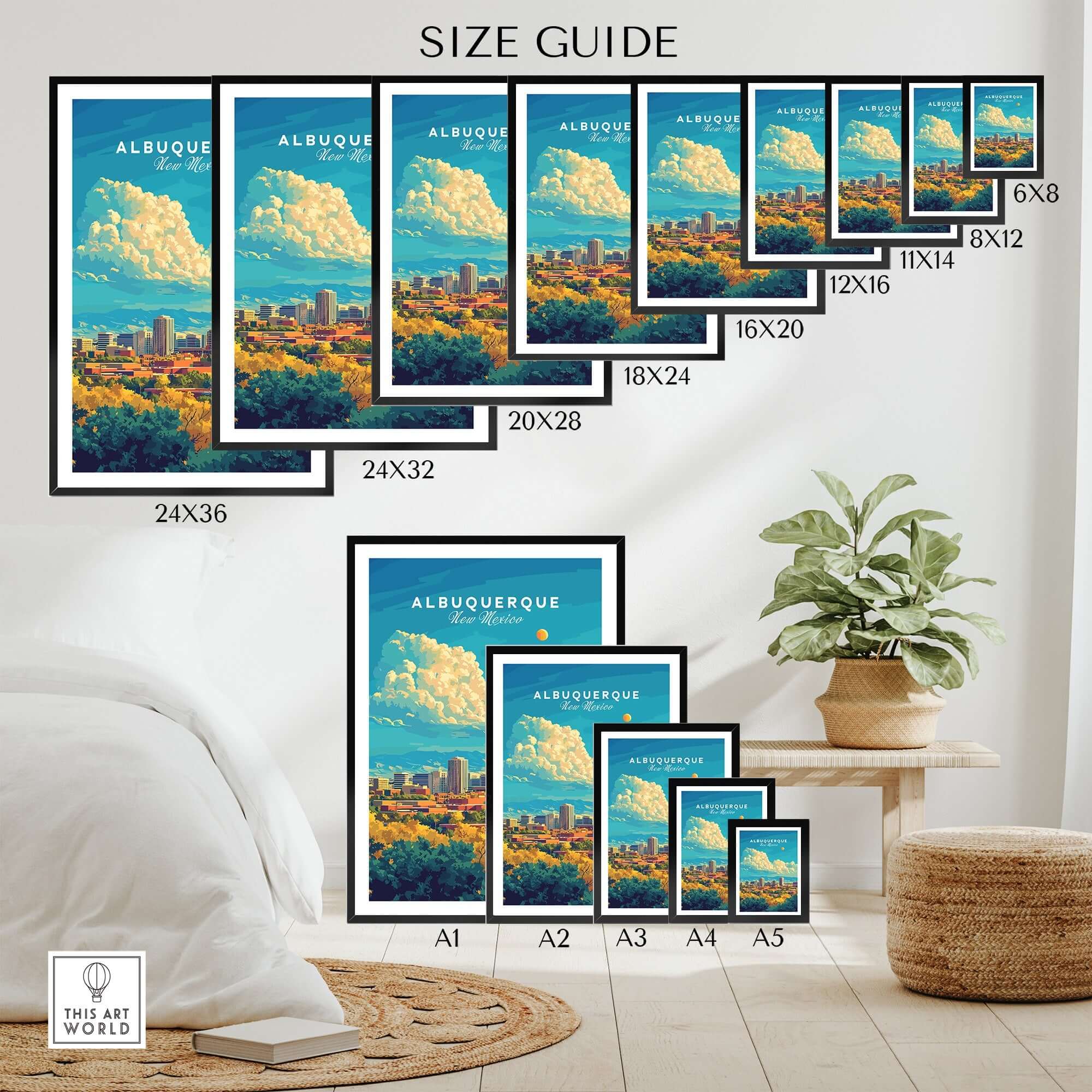 Albuquerque Travel Print size guide showcasing various frame sizes for the Albuquerque Travel Print.