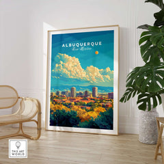 Albuquerque Travel Print showcasing the vibrant skyline and cloud-filled sky of Albuquerque, New Mexico.