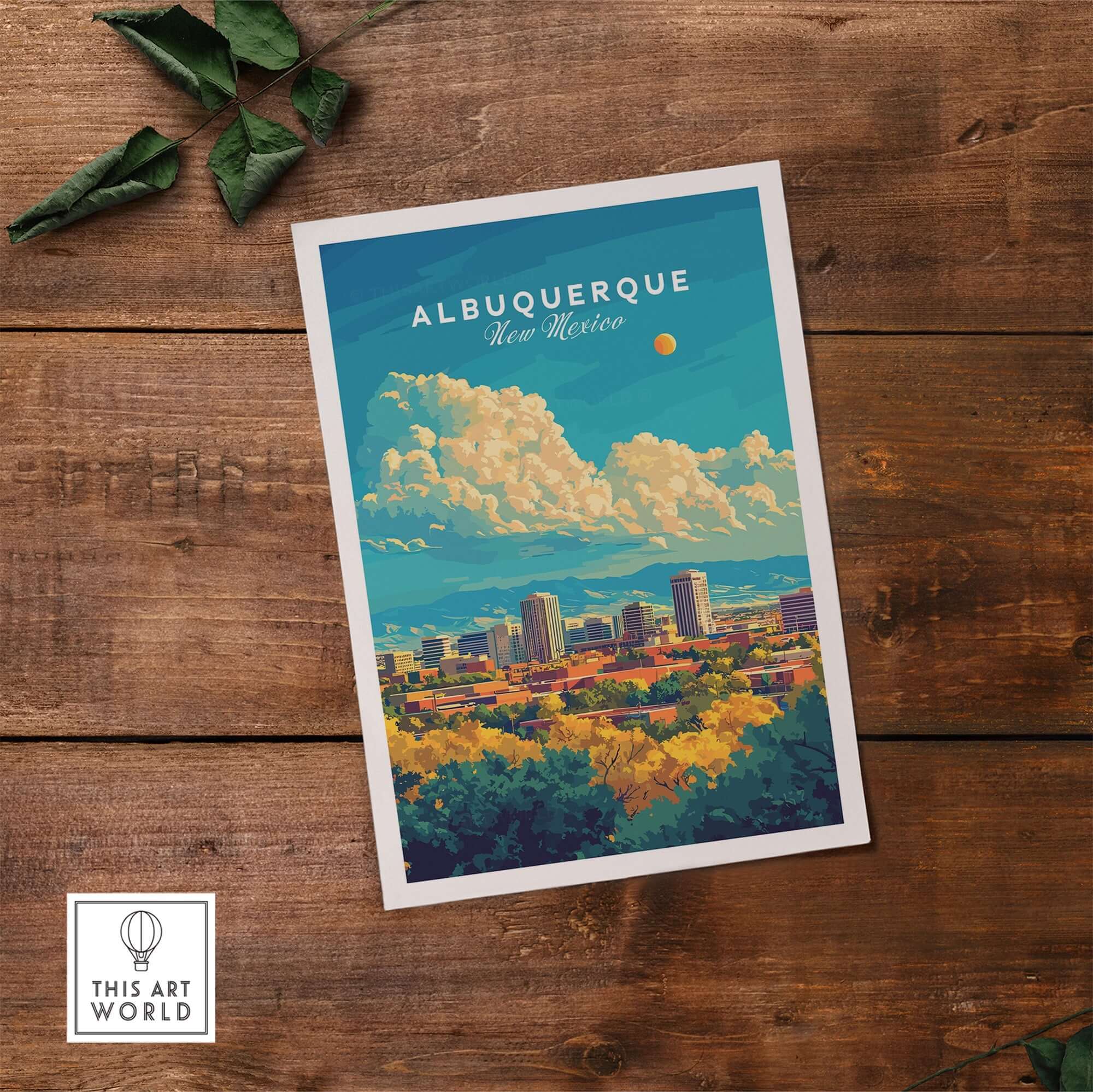 Albuquerque Travel Print showcasing a vibrant landscape of Albuquerque, New Mexico, inspiring travel lovers.