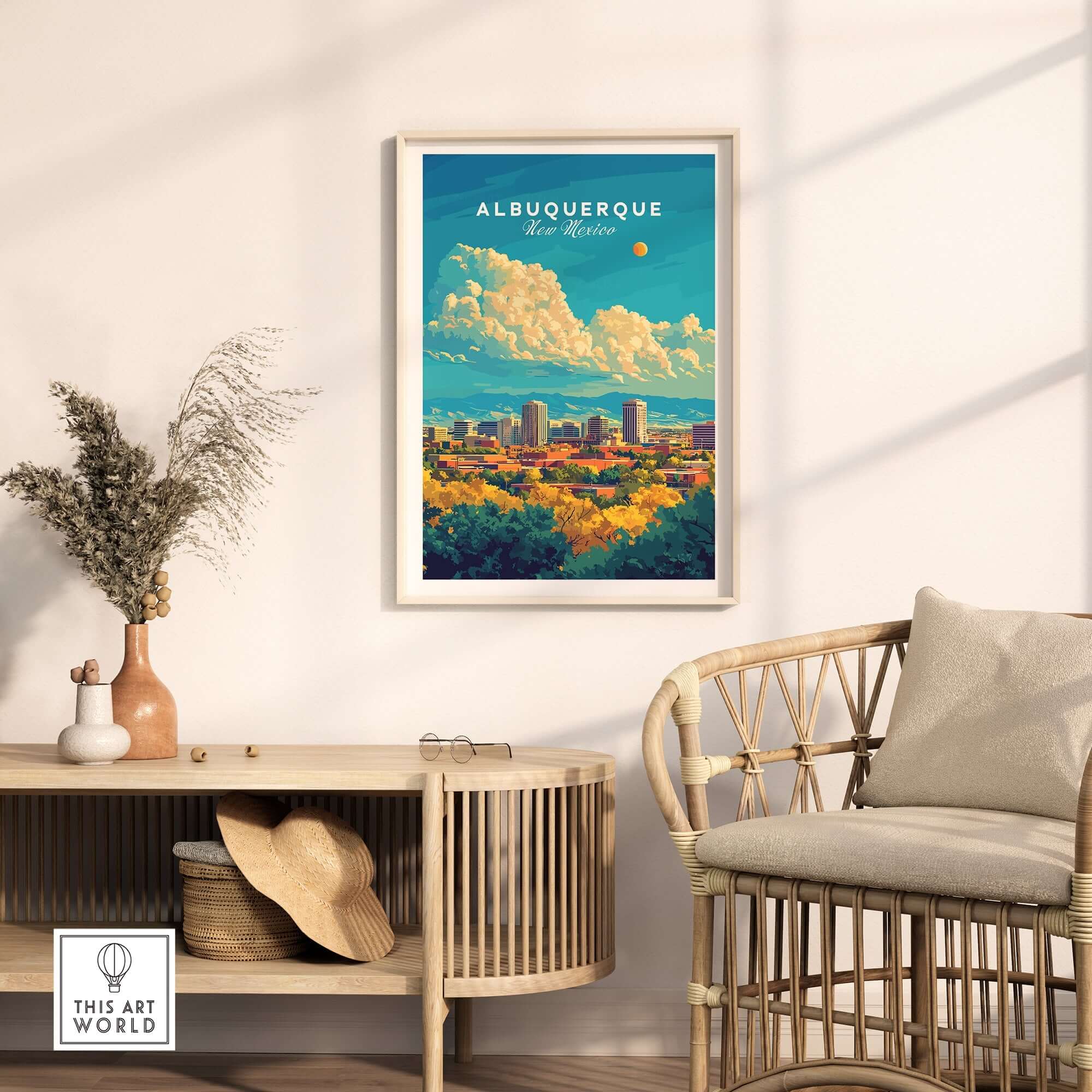 Albuquerque Travel Print framed on a wall, showcasing the beauty of Albuquerque, New Mexico.