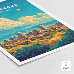 Albuquerque Travel Print showcasing a vibrant cityscape with mountains and colorful foliage in New Mexico.