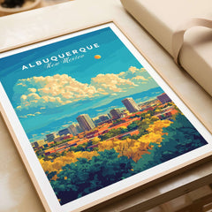 Albuquerque Travel Print featuring a colorful landscape of Albuquerque, New Mexico, perfect for home decor.