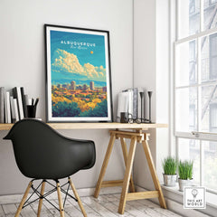 Albuquerque Travel Print showcased in a stylish office setting with a modern desk and bright sunlight.