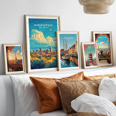 Albuquerque Travel Print displayed among other travel prints in a modern home setting.