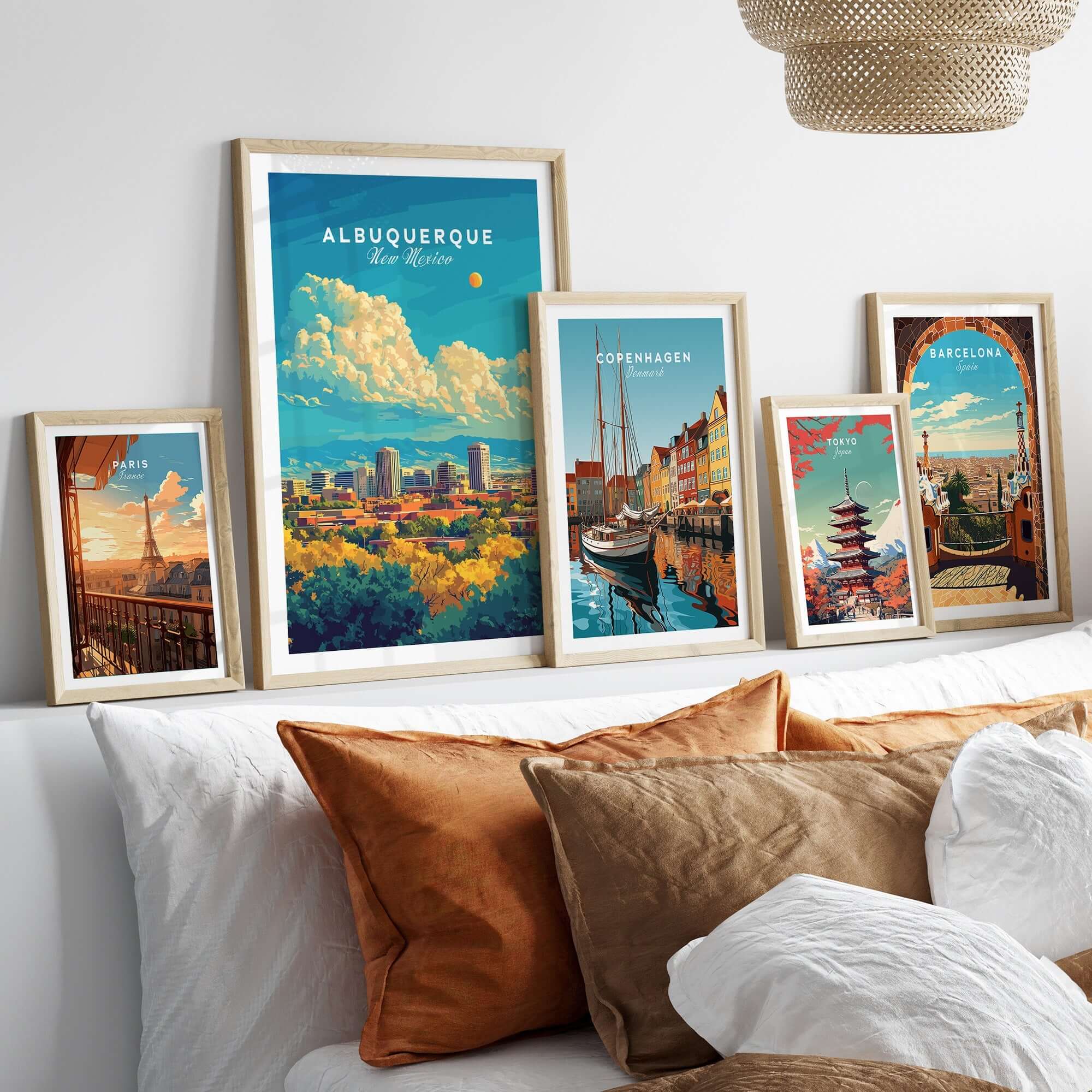 Albuquerque Travel Print displayed among other travel prints in a modern home setting.