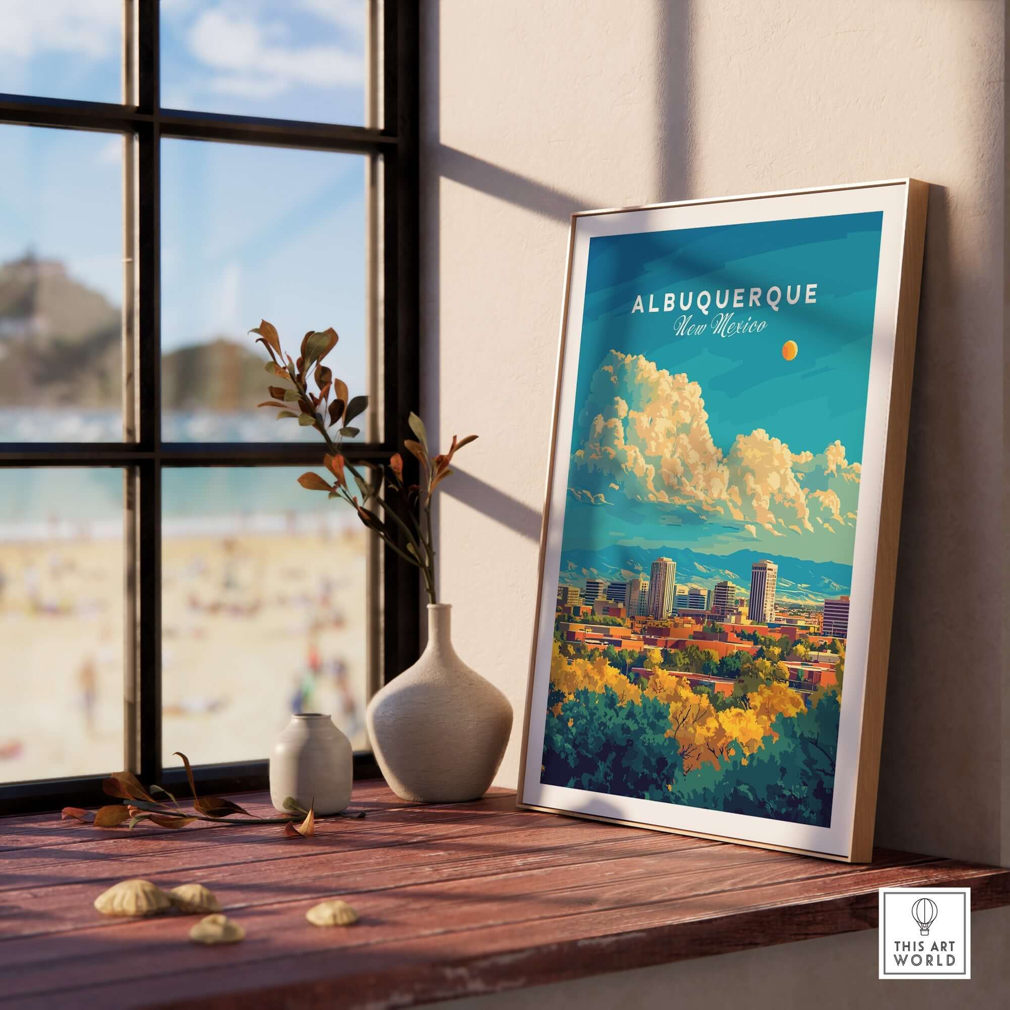 Albuquerque Travel Print showcasing vibrant New Mexico scenery in a stylish frame.
