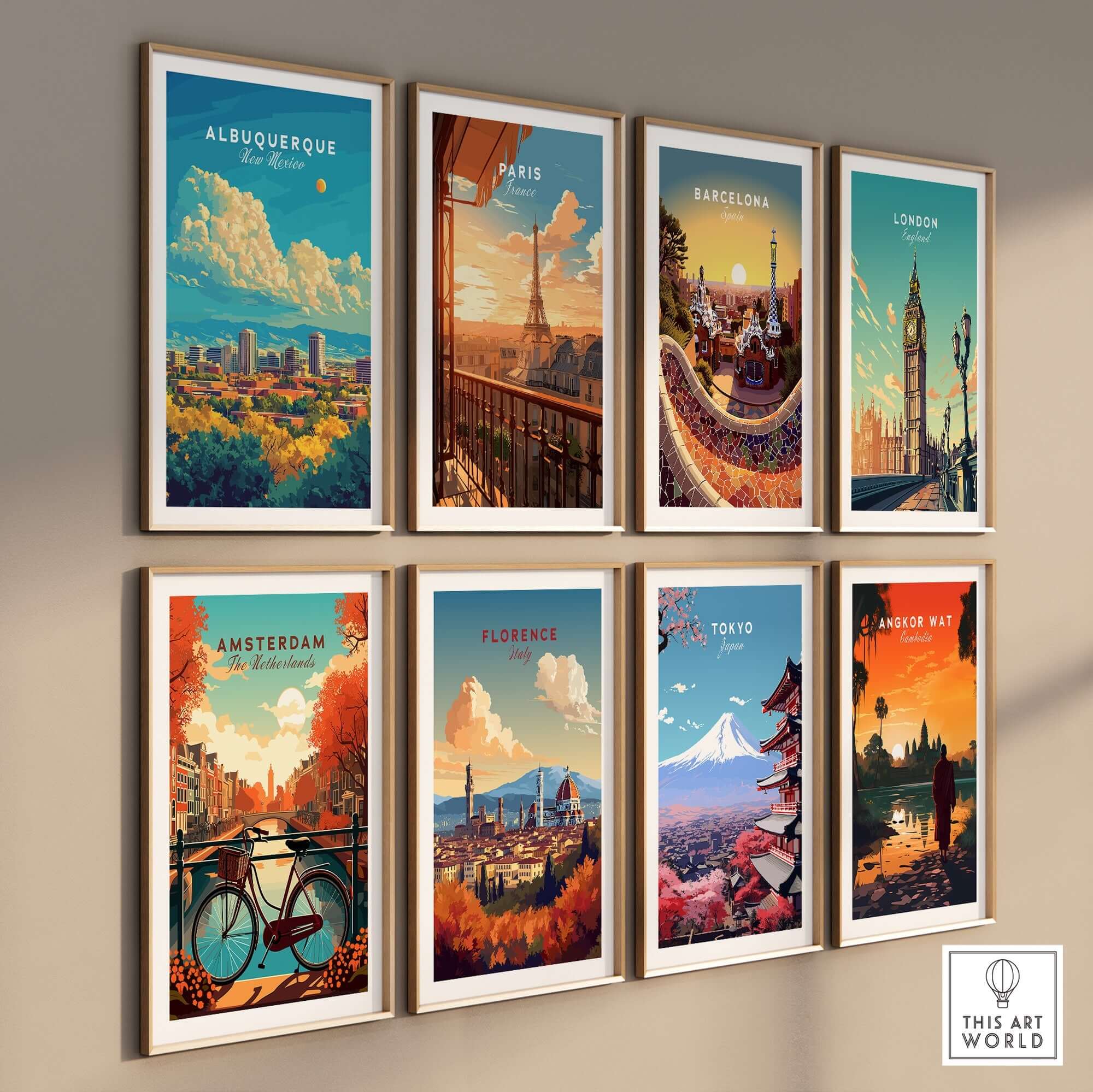Colorful travel prints including Albuquerque Travel Print, showcasing iconic cityscapes and landmarks.